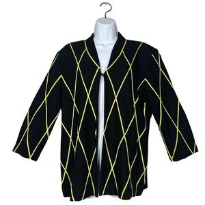 Misook XL Black Knit Cardigan Jacket Chartreuse Yellow Diamond 3/4 Sleeve Career